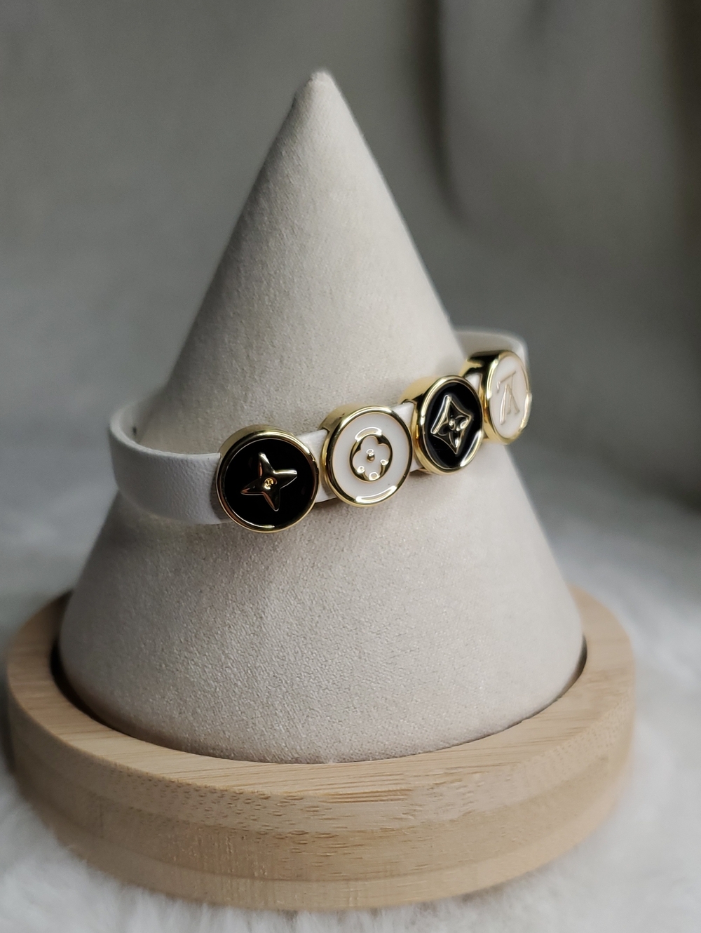 White  Bracelet with Gold and Black Monogram Discs